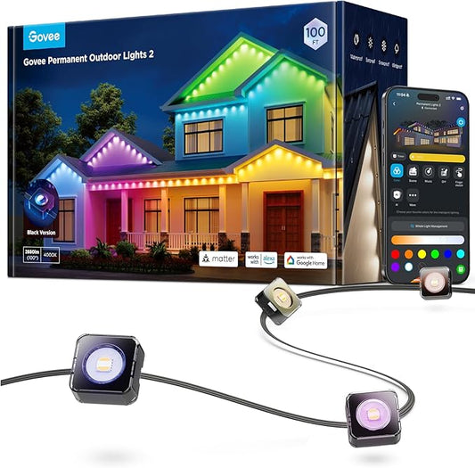Govee Permanent Outdoor Lights 2, 100ft RGBIC Outdoor Lights with 72 LED Lights, IP67 Waterproof, 100 Scene Modes with 40lm White for Outdoor Decorations, Works with Alexa, Google Assistant, Black Govee