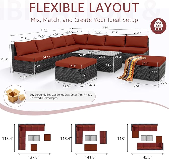 NICESOUL 11 Piece L Shape Patio Furniture Set, 29.3'' High Back Comfy Rattan Outdoor Conversations, Big Size Deep Seated Contemporary Sectionals for Backyard Deck Porch, 2 Color Cushion Red & Gray NICESOUL