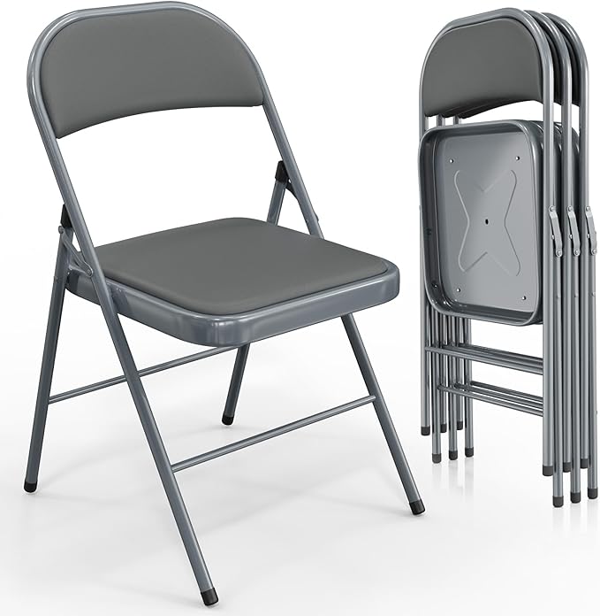 VINGLI 4 Pack Folding Chairs with Padded Seats, Metal Frame with Pu Leather Seat & Back, Capacity 350 lbs, Gray VINGLI