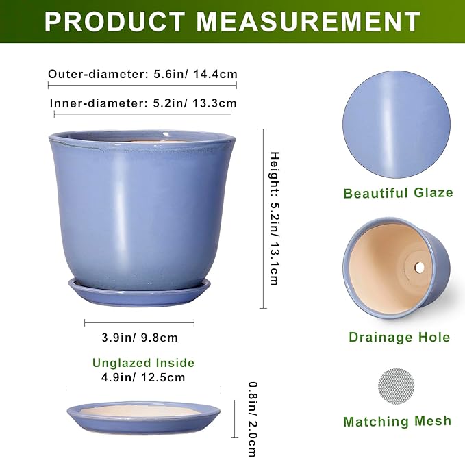 Ceramic Plant Pots - 5.6 Inch Plant Pot for Indoor Outdoor, Round Planters with Drainage Hole and Saucer, Modern Orchid Succulent Pots, Patio Room Decor, House Warming Gifts, Purple-Blue SUNPOTFOR