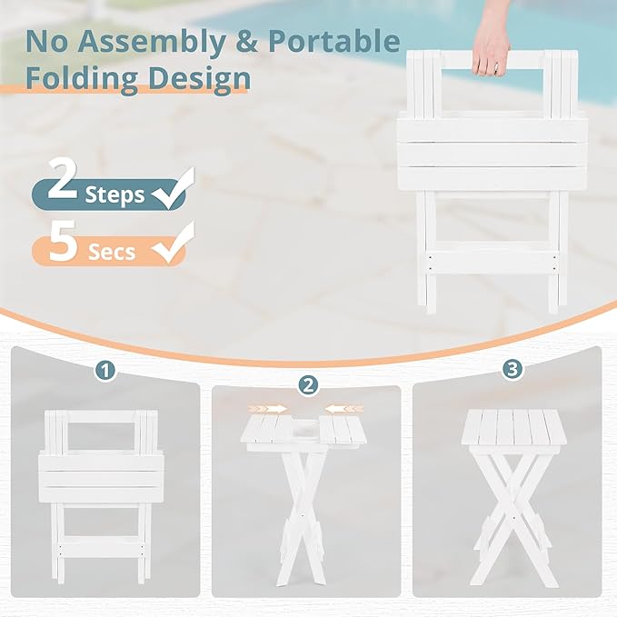 LUE BONA 27 inch Folding Side Table, HDPS Outside End Table for Patio, Porch, Deck, Pool, Weather Resistant, White LUEBONA