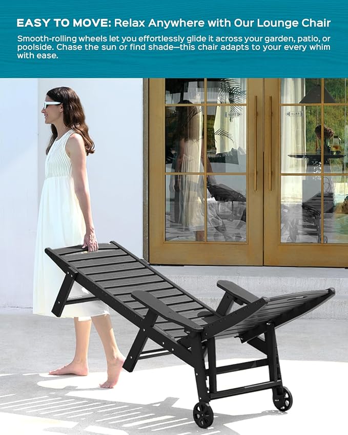 Outdoor Lounge Chair Set of 4, All Weather Patio Chaise Lounge Chair for Outside, HDPE Chair with Rolling Wheels & Cup Holder, 5 Position, Deck, Pool, Black CIOKEA