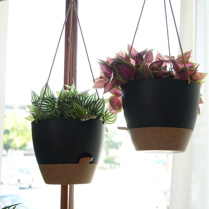 10 Inch Self Watering Hanging Pots, 2 Pack Hanging Planters with 40oZ Deep Reservior for Indoor Outdoor Plants Flowers, Black with Brown SwinDuck