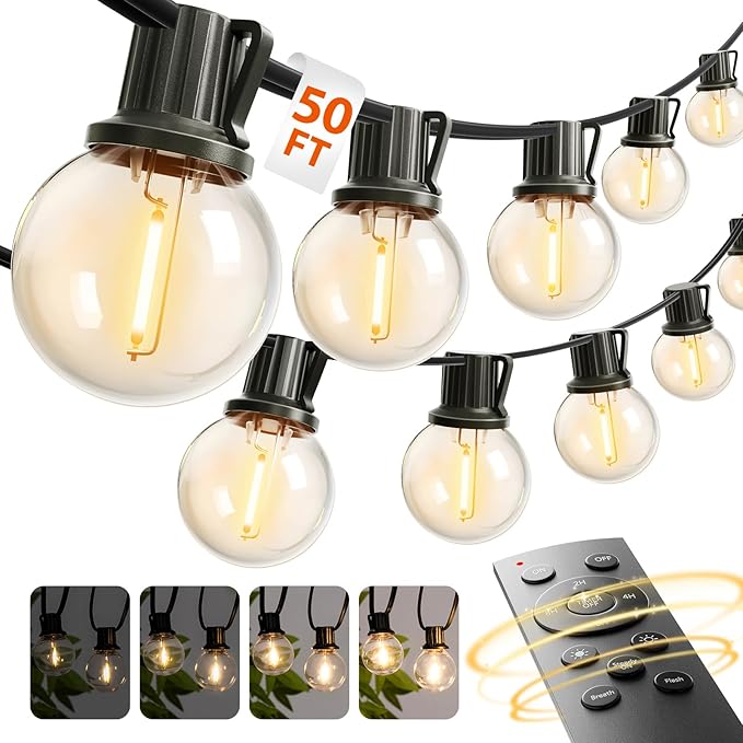 addlon Outdoor String Lights 50FT G40 with Remote, 27 LED Shatterproof Bulbs, Dimmable Patio Globe Lights Waterproof, Hanging Outside Lighting for Backyard, Garden, Deck, Balcony, Porch, Café, Decor addlon
