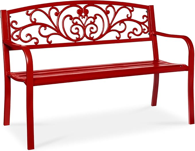 Best Choice Products Outdoor Bench Steel Garden Patio Porch Furniture for Lawn, Park, Deck w/Floral Design Backrest, Slatted Seat - Red BestChoiceProducts