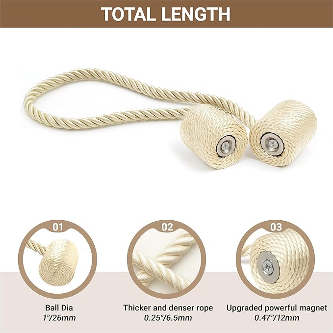 Hion Magnetic Curtain Tiebacks Beige 6 Pack, Curtain Tiebacks Buckles Holdbacks Holders Hooks Clip for Home Bedroom Office Decorative Thick or Thin Curtain Hion