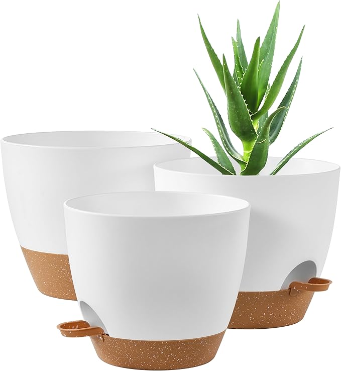 FaithLand 3-Pack Planter Pots, 10 9 8 Inch Self Watering Flower Pots for Indoor Outdoor Garden Plants, White with Brown FaithLand