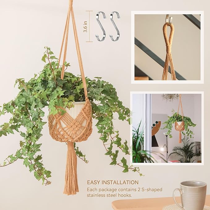 Hanging Planter with Patterns,2Packs Macrame Plant Hangers Indoor Macrame for up to 8 inch Pot Crochet Boho Plant Hanger Holder for Indoor Outdoor with 2S Shaped Stainless Steel Hooks (Caramel) XINBOR