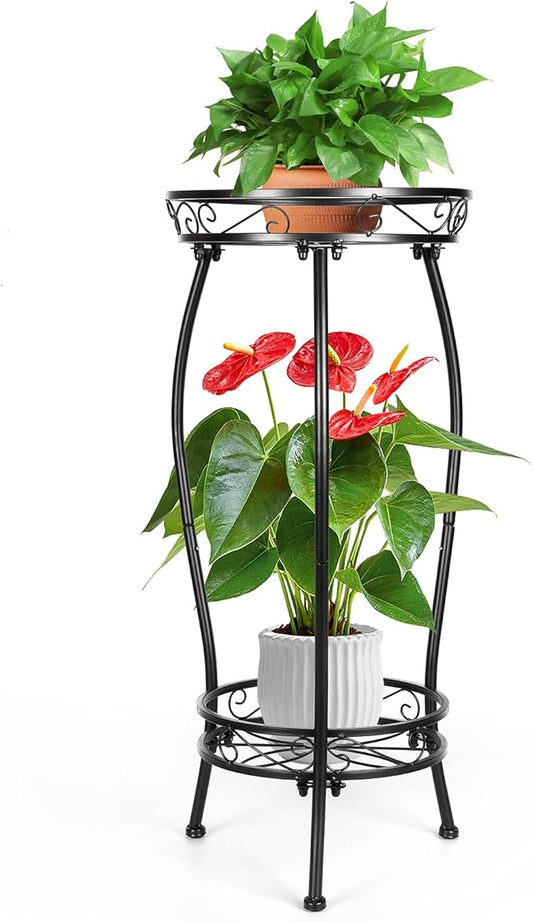2 Tier Rustproof Iron Plant Stand - Heavy Duty Outdoor Plant Stands For Patio, Balcony Or Garden Or Planter Corner - Plant Stand Indoor (Black) Rootora