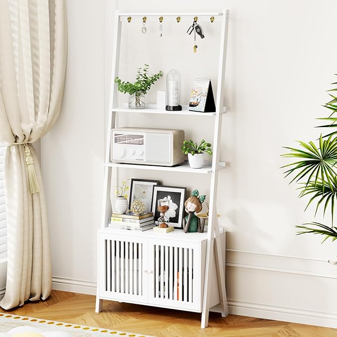 4-Tier Ladder Shelf with Drawers 59.5"H x 24.8"L x 10.6"W, Ladder Bookshelf with 6 Hooks, Tall Narrow Retro Bookcase, Freestanding Storage Shelf for Living Room, Home Office, Bedroom, White OAKVIVOElegantLifestyle