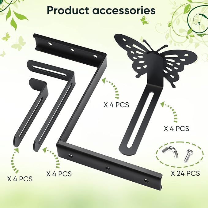 Planter Box Bracket, Adjustable Hang Window Box Holder with Butterfly, Hanging Flower Pot Stand Brackets for Outdoor Patio Garden Fence Pergola Balcony Supporting Heavy Planters-4Pack VIVIKEN