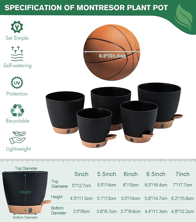 montresor 5-Pack Self-Watering Plastic Plant Pots 5/5.5/6/6.5/7 Inch– Black Indoor Flower Pots with Wick & Water Tray for Herbs, Succulents, Seedlings, Small Plants Montresor