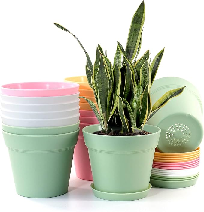 WOUSIWER 16 Pack 6 inch Plastic Planters, Indoor Flower Pots, Heavy Duty and Stylish 6 Inch Plant Pots for Indoor Plants with Drainage Holes and Tray for Plants, Flowers, Colorful WOUSIWER