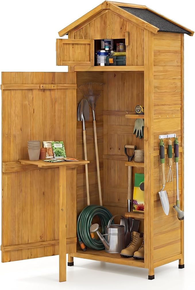 Goplus All-in-One Storage Shed, 70" Tall Wooden Lockable Cabinet w/Foldable Work Table, Vertical Utility Tool Organizer w/Shelves & Hooks, Waterproof Garden Shed for Patio Backyard (Natural) Goplus