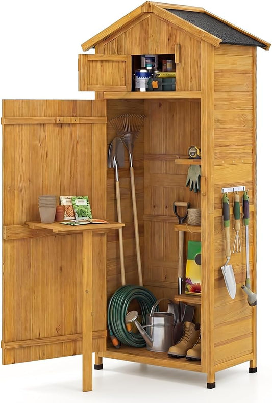 Goplus All-in-One Storage Shed, 70" Tall Wooden Lockable Cabinet w/Foldable Work Table, Vertical Utility Tool Organizer w/Shelves & Hooks, Waterproof Garden Shed for Patio Backyard (Natural) Goplus
