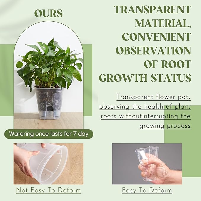 Self Watering Pots for Indoor Plants with Deep Reservoir and High Drainage Holes for Outdoor Plants and Flowers, Bare Root Planter(8.27'',Clear,6 Pcs) Wonderjune