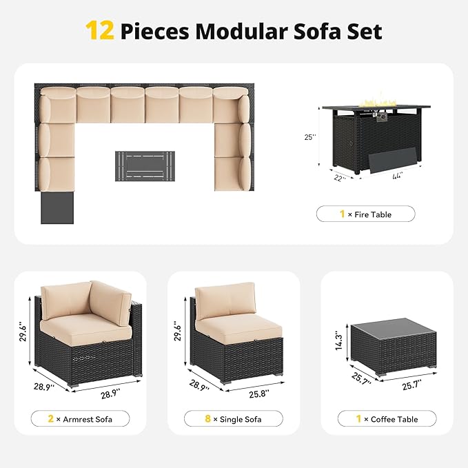 Aoxun Patio Furniture Set with Fire Pit Table, 12 Piece Outdoor Sectional Sofas, 10 Seats Wicker Rattan Outdoor Furniture with Thickened Cushion for Backyard, Garden Begin Aoxun