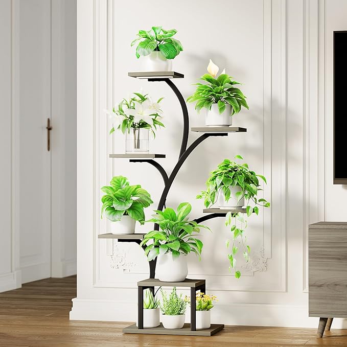 Plant Stand Indoor with Grow Lights, 7 Tiered Indoor Plant Shelf, 49" Corner Plant Stands for Indoor Plants, Metal Plant Flower Display Shelf, Tree-Shaped Plant Rack for Home, Patio, Grey BACEKOLL