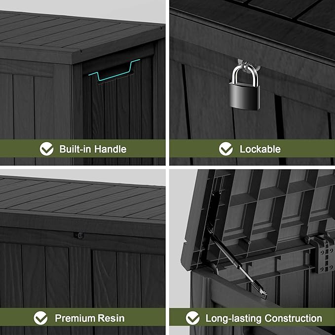 150 Gallon Outdoor Deck Box, Lockable Waterproof Outdoor Storage Boxes For Garden Tools,Indoor Cushions,Accessories Outside Storage Resin Weatherproof Container(Black) MAIUSCOLI