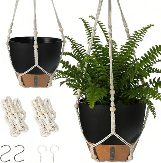 Self-Watering Hanging Planters for Indoor Plants Set 2-Piece Includes Plant Hanging Pot, Drainage-Hole Hanging Pot, and Hanging Basket Rack (10 Inches, Black) Rootora