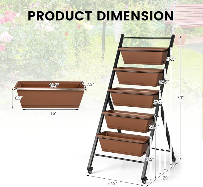 Giantex 2 Pcs Vertical Planter Raised Bed on Wheels, Elevated Garden Beds with Water Drainage Hole, Freestanding 5 Container Boxes for Herb Vegetables Flowers Growing, Outdoor Indoor Patio Balcony Giantex