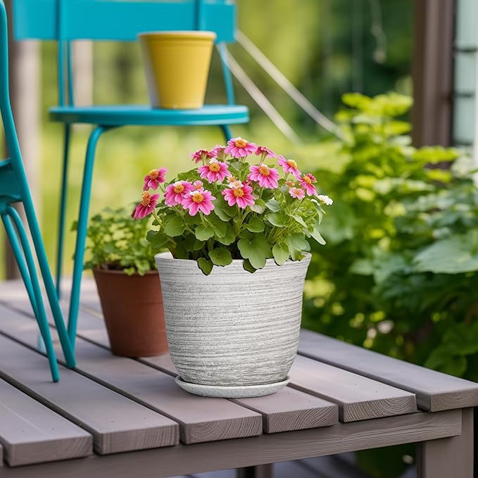 Ceramic Pots for Plants - 5.6 Inch Plant Pot with Drainage Hole and Tray, Round Succulents Pots for Indoor Outdoor, Decorative Planters, Home Room Office Decor, Gifts for Plant Lovers, Grey SUNPOTFOR