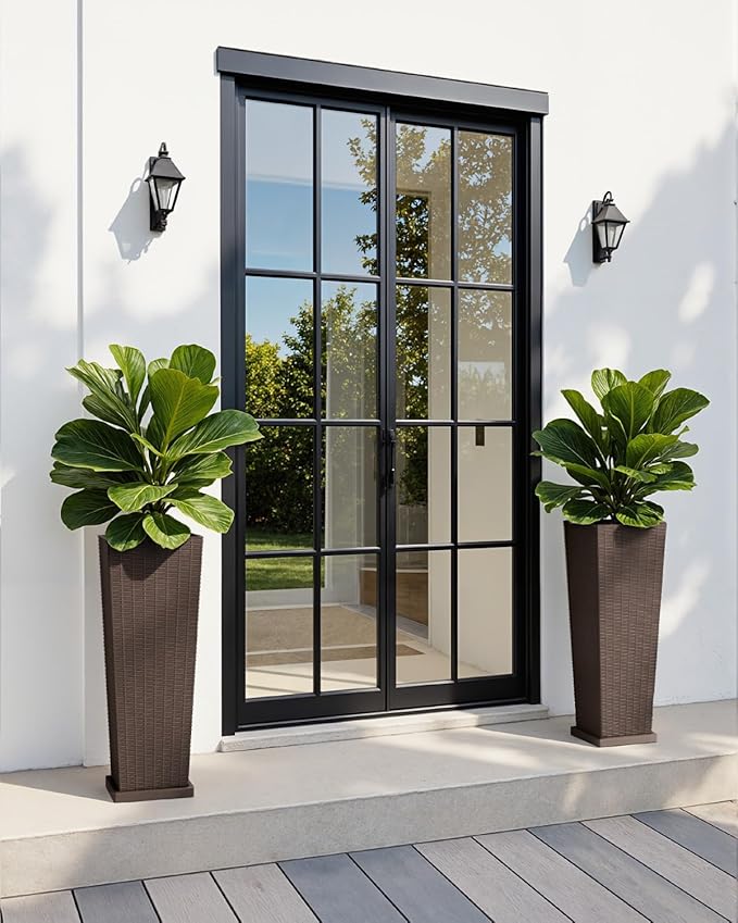 Greesum Set of 2 Tall Plastic Planters with Saucer, 32 Inch Large Pots with Drainage Trays, Weather-Resistant Plastic Plant Containers for Patio, Porch, Garden,Brown BuynowfromGreesum