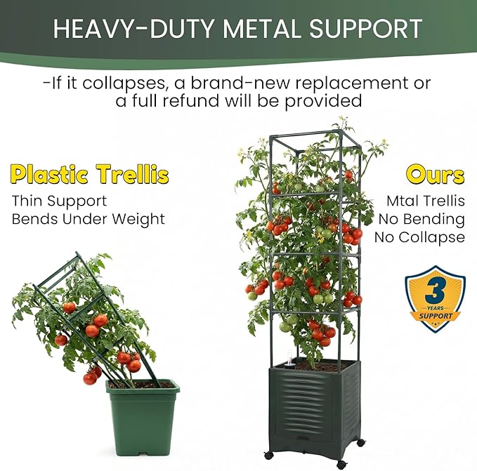 Tomato Planter Pot Tomato Box Raised Garden Bed 56.5" Tall Self-Watering and Water Indicator Planter for Tomato Outdoor Indoor Metal Trellis for Climbing Plants Large Reservoir-1 planter-not 2 TeCreatio