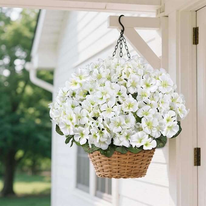 Artificial Geranium Flowers for Outdoors, 6 Bundles Realistic Silk Fake Geranium, No Fade Faux Plants for Hanging Baskets, Window Boxes, Pots - Porch, Patio, Balcony Decor(White) AmberFun