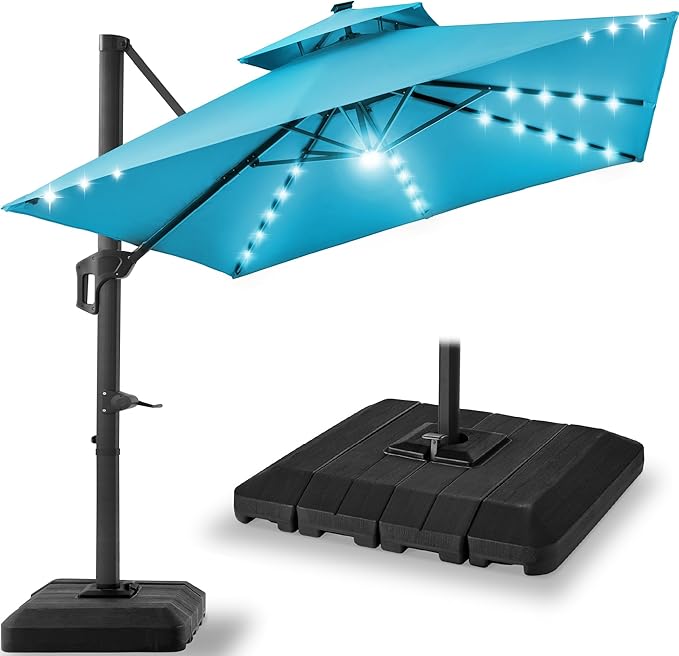 Best Choice Products 12x12ft LED Cantilever Patio Umbrella w/Base Included & 360° Rotation, Large Solar Offset Hanging Outdoor Sun Shade for Deck, Backyard Table w/Stand & Lights – Sky Blue BestChoiceProducts
