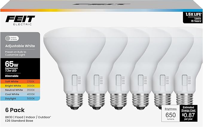 Feit Electric BR30 LED Flood Light Bulb, 65W Equivalent, Dimmable, 5CCT, Adjustable White, 650 Lumens, Indoor/Outdoor Residential & Commercial Use, 17,000-Hour Lifespan, BR3065DM5CCTCA15K/6, 6-Pack FeitElectricCompany