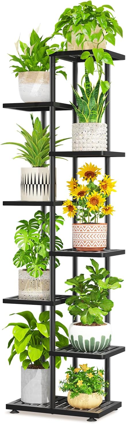LASZOLA 7 Tier Plant Stand Indoors Outdoors for Large Heavy Duty Planter, Black Metal Tall Flower Holder Rack with Multiple Shelf for Modern Patio Corner, Vertical Organizer, Weather Resistant Bracket LASZOLA