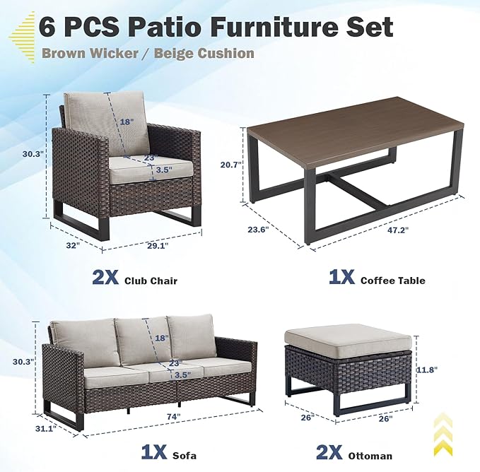 Belord 6 Piece Outdoor Furniture Patio Wicker Sofa Set, Oversize Outdoor Dining Chairs with Rattan Ottomans, Conversation Sets Patio Furniture Come with Removable Cushion Beige, Brown Belord