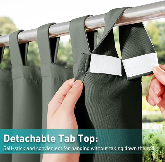 NICETOWN 2 Panels Greyish Green Long Outdoor Curtainss for Patio Waterproof, Detachable Sticky Tab Top Blackout Indoor Outdoor Blinds Heat & Cold Blocking Privacy for Gazebo/Porch, W52 x L108 NICETOWN