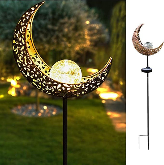 Solar Garden Light Outdoor Decorative, Moon Decor Crackle Glass Globe Garden Stake Metal Lights，Waterproof Warm White LED for Pathway, Lawn, Patio, Yard Ornaments for Outside HDNICEZM