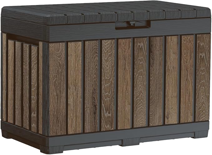 Keter Signature Everwood 50 Gallon Resin Deck Box for Outdoor Storage – Weather‑Resistant Balcony & Patio Box for Cushions, Throw Pillows & Garden Tools, Walnut Keter