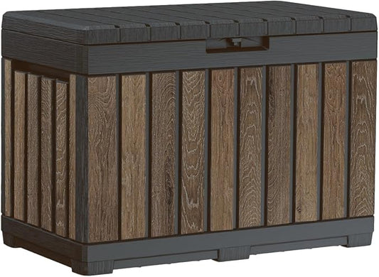 Keter Signature Everwood 50 Gallon Resin Deck Box for Outdoor Storage – Weather‑Resistant Balcony & Patio Box for Cushions, Throw Pillows & Garden Tools, Walnut Keter