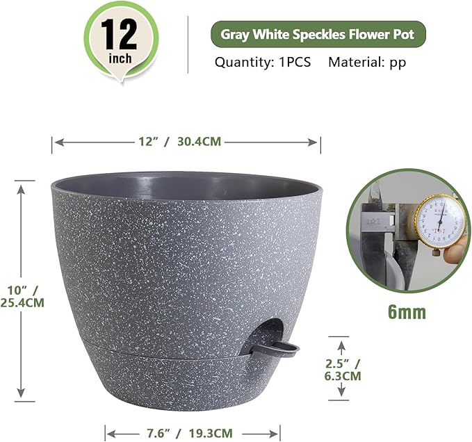 12 inch Large Self Watering Pots, Plant Pots with Mesh Drainage Holes for Indoor Outdoor Plants, Plastic Planters with Deep Reservoir for Garden House Flower Plants, Speckled Grey Meowell