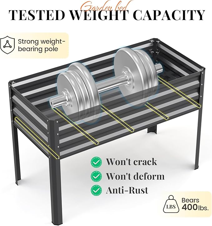 KING BIRD Large Raised Garden Bed with Legs Galvanized Elevated Planter Box 48×24×32 in for Backyard, Patio, Balcony, 400lb Capacity, Dark Grey KINGBIRD