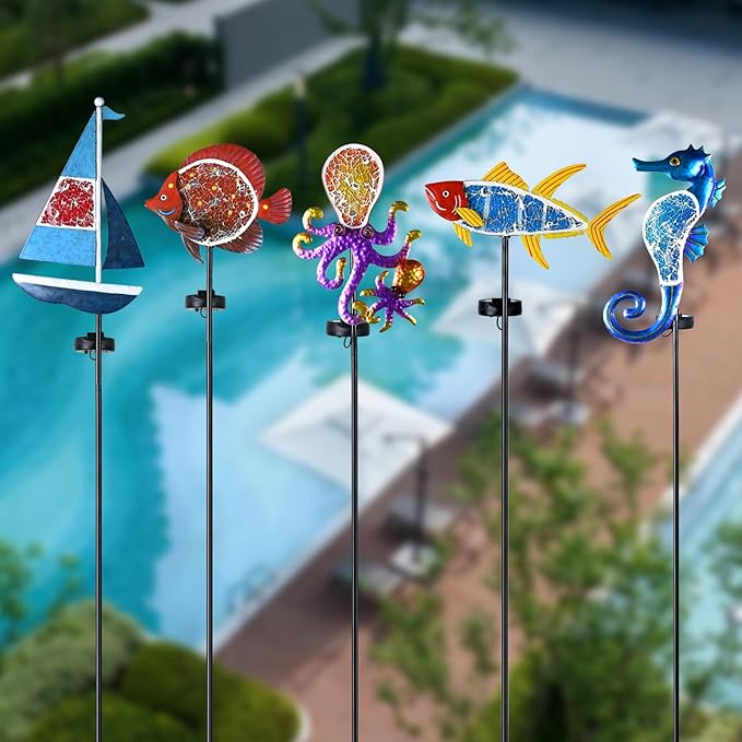 Yiosax-Solar Outdoor Lights Decorative-Yard Outdoor Decorative - Garden Stakes Clownfish Decorative Waterproof 7 LED Light Decor Ocean Beach Theme for Garden Lawn Path Yard Decoration Gift Idea, Red Yiosax