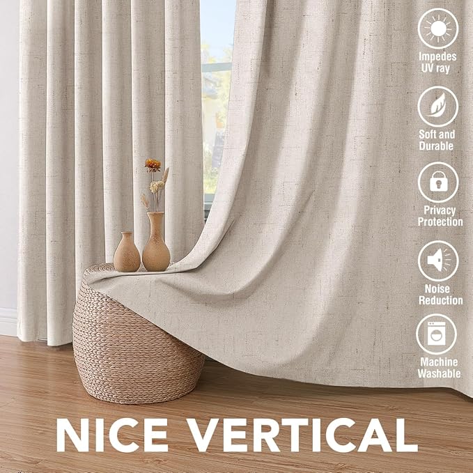 H.VERSAILTEX Linen Blackout Curtains 45 Inches Long 100% Blackout Thermal Insulated Textured Linen Look Curtain Draperies Anti-Rust Grommet, Energy Saving with White Liner, 2 Panels, Natural HVERSAILTEX