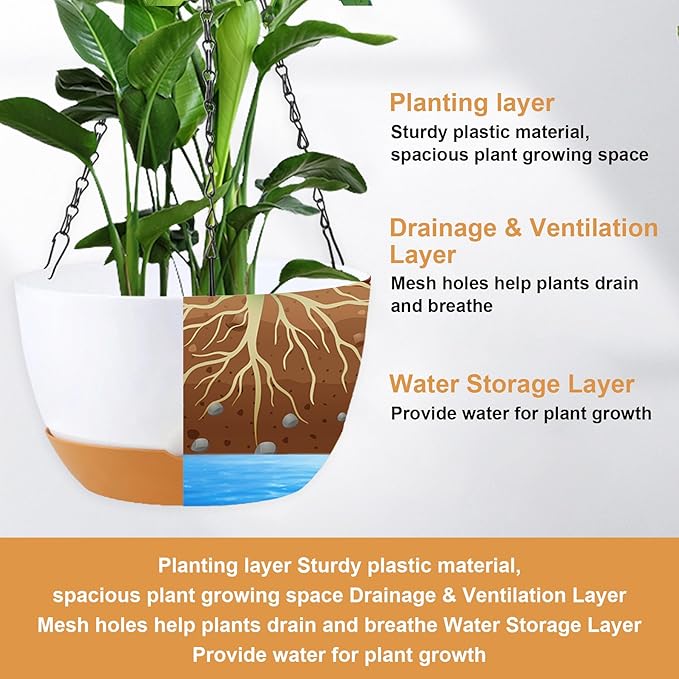10 inch Hanging Planters for Indoor Outdoor Plants with Self-Watering Pots, 3 Pack Plastic Hanging Basket with Removable Tray for Home Garden Porch Balcony Patio Decor(White+Black+Green) KPUVX