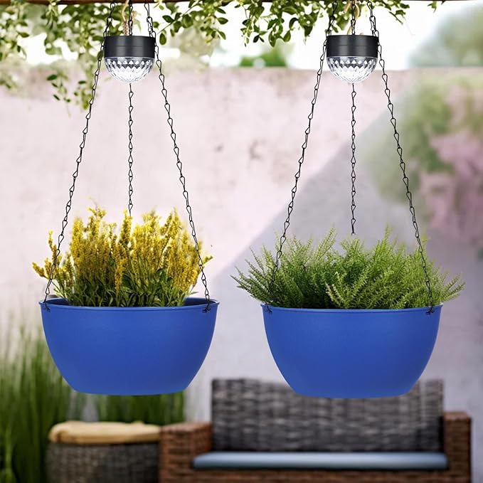 SUNNYPARK 2 Packs Hanging Planters Basket for Outdoor Plants, Solar Powered Self Watering Blue Round Plastic Flower Pots with Drainer for Balcony Patio Garden Outdoor Decoration SUNNYPARK