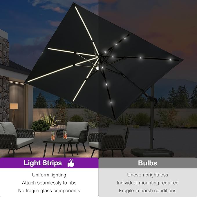 PURPLE LEAF 10 Feet Patio Umbrella with Base Outdoor Cantilever Solar Powered LED Swivel Square Umbrella Aluminum Offset Umbrella with 360-degree Rotation for Garden Deck Pool Patio, Grey PURPLELEAF