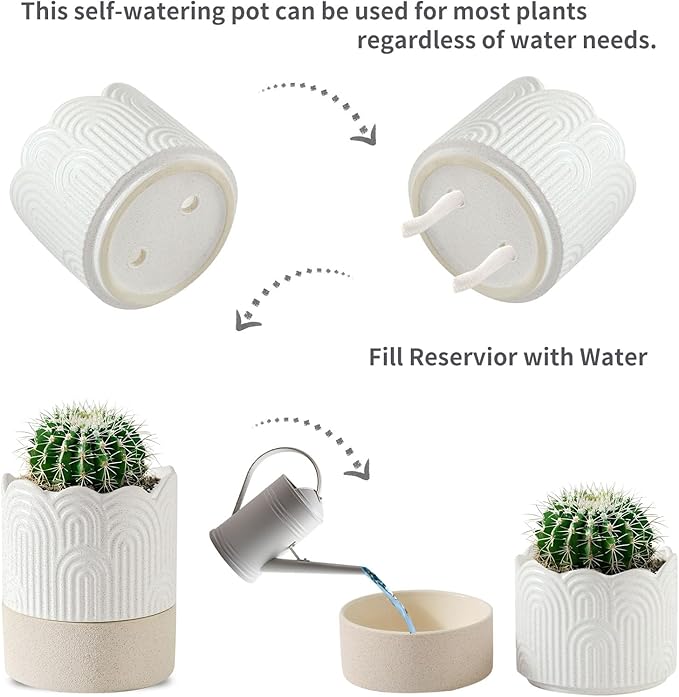 Nihow Self Watering Plant Pot for Indoor Plants: 4.5+6 Inch Ceramic Planter with Drainage Hole & Water Storage Plus - Cylinder Flower Pot with Wick for Herbs -Beige & Nature Nihow