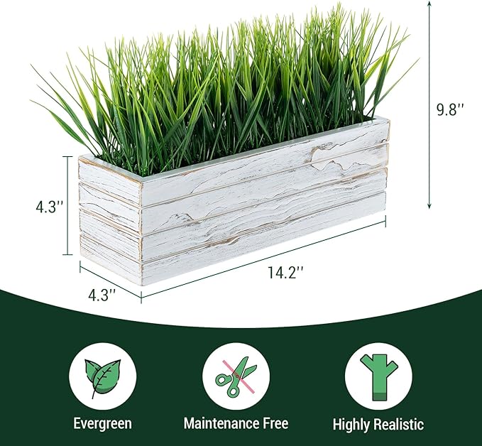 MyGift 14 Inch Artificial Green Grass Plant in Shabby White Washed Wood Planter Window Box - Faux Greenery in Rectangular Crate Style Wooden Container MyGiftHome