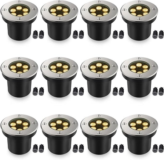 JESLED Outdoor Landscape Lights, 6W LED In Ground Well Lights, 12V 24V 3000K Warm White, IP67 Waterproof Low Voltage Landscaping Spotlight for Driveway Deck Step Yard Fence Garden Pathway (12 Pack) JESLED