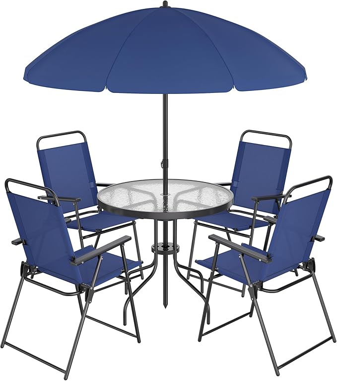 Shintenchi 6 Piece Patio Dining Set with Umbrella, Outdoor Furniture Set with 4 Folding Chairs and Tempered Glass Top Dining Table fot Lawn Backyard Garden Porch Blue Shintenchi