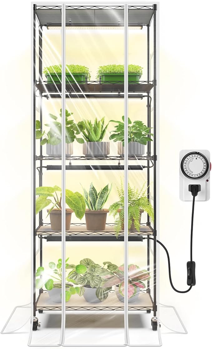 Barrina CX91Z Indoor Greenhouse with Grow Light, 5-Tier Plant Stand with Cover and 1.6FT 25W(Per Light) Full Spectrum Plant Lights, Plant Shelves with Tent for Seed Starting, 23.6x13.8x59IN Barrina