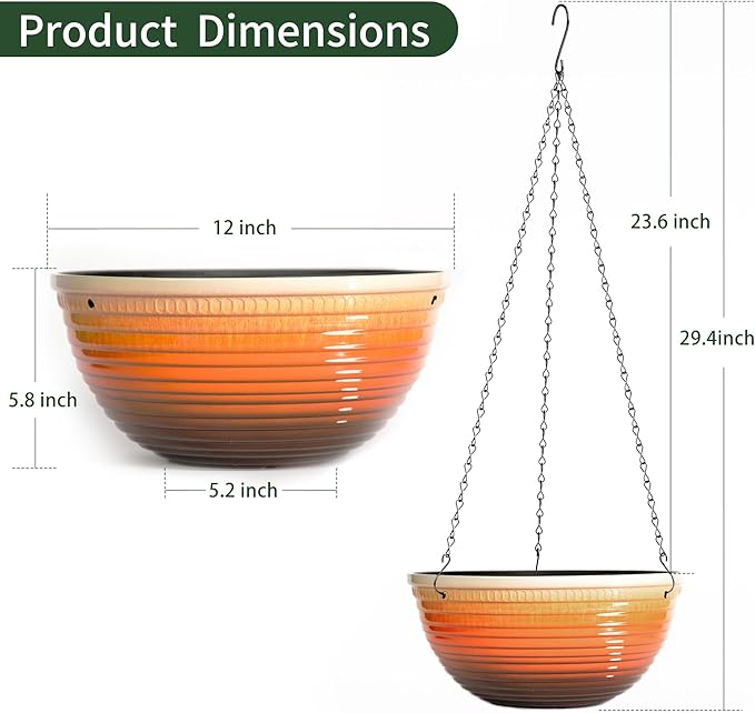 12 inch Hanging Planters for Indoor Outdoor Plants, 2 Pack Large Hanging Flower Pots with Drainage Holes and Chain, Glazed Hanging Baskets for Home Garden Decoration, Orange Vanslogreen